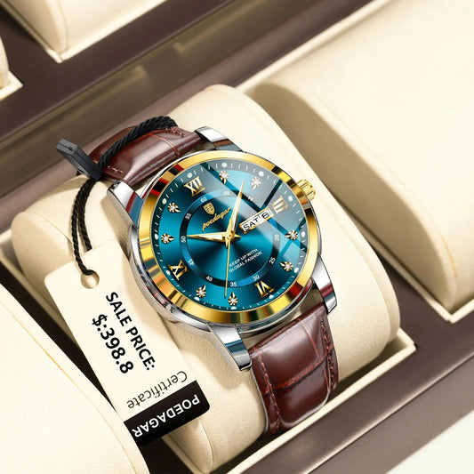 POEDAGAR Luxury Men's Quartz Leather Watch Waterproof Luminous