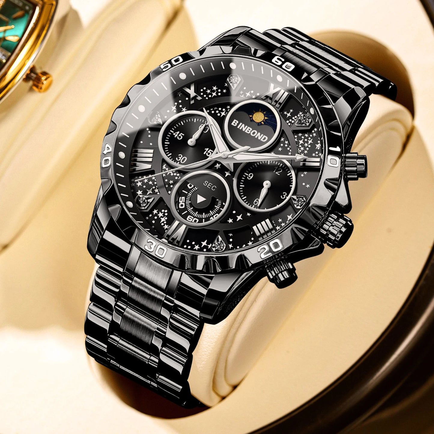 BINBOND Luxury Men's Quartz Watch Stainless Steel Waterproof Luminous Chronograph Date Moon Phase