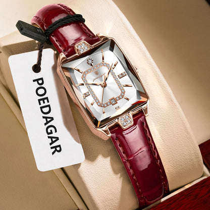 POEDAGAR Women’s Luxury Rectangle Quartz Watch – Leather Strap