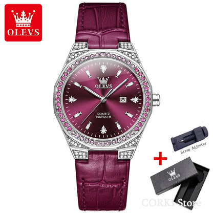 OLEVS 5606 Women’s Luxury Diamond Quartz Watch – Leather Strap, Waterproof