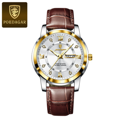 POEDAGAR Luxury Men's Quartz Leather Watch Waterproof Luminous