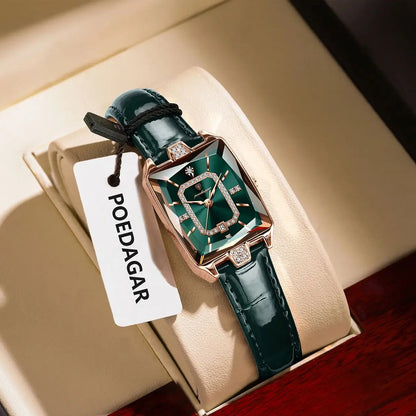 POEDAGAR Women’s Luxury Rectangle Quartz Watch – Leather Strap