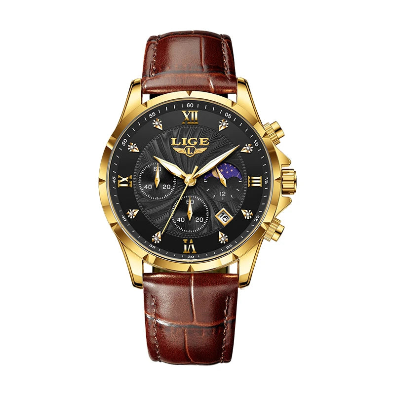 LIGE Men’s Business Quartz Watch – Waterproof, Moon Phase Design, Leather Strap