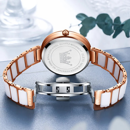 OLEVS Women’s Luxury Rose Ceramic Quartz Watch – Jewelry Design, Waterproof