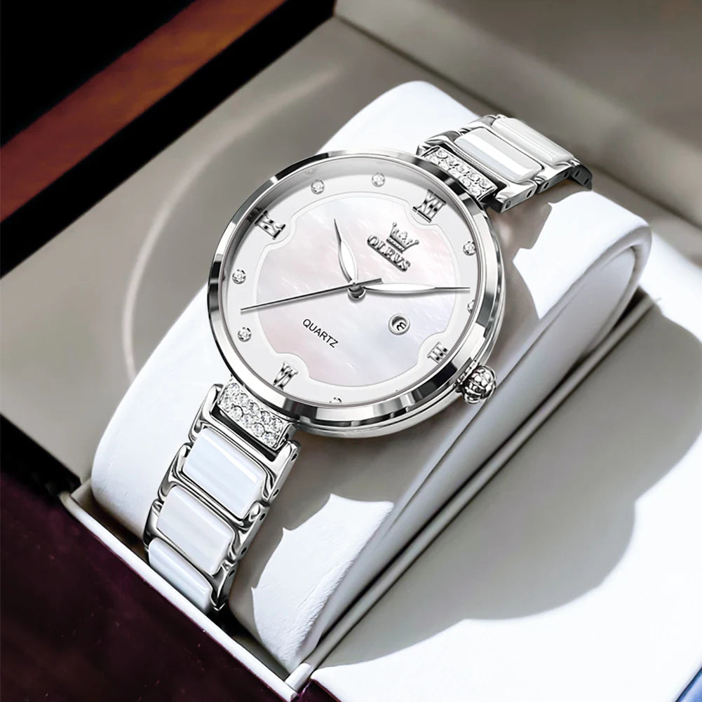 OLEVS Women’s Luxury Rose Ceramic Quartz Watch – Jewelry Design, Waterproof