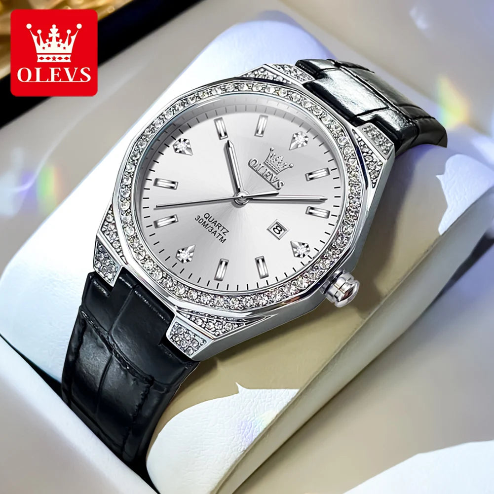 OLEVS 5606 Women’s Luxury Diamond Quartz Watch – Leather Strap, Waterproof
