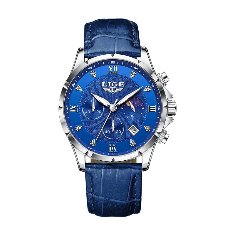 LIGE Men’s Business Quartz Watch – Waterproof, Moon Phase Design, Leather Strap