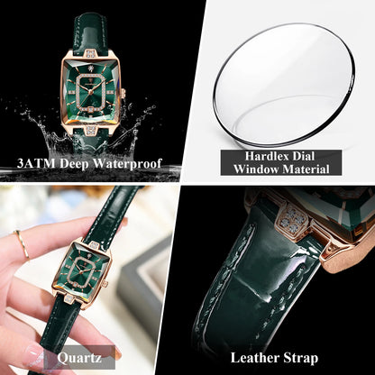 POEDAGAR Women’s Luxury Rectangle Quartz Watch – Leather Strap