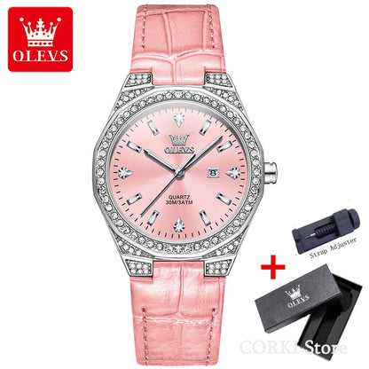 OLEVS 5606 Women’s Luxury Diamond Quartz Watch – Leather Strap, Waterproof