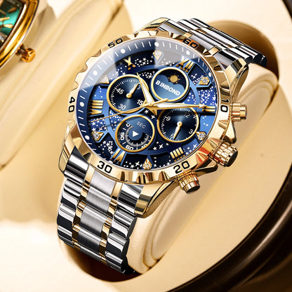 BINBOND Luxury Men's Quartz Watch Stainless Steel Waterproof Luminous Chronograph Date Moon Phase