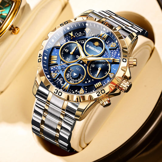 BINBOND Luxury Men's Quartz Watch Stainless Steel Waterproof Luminous Chronograph Date Moon Phase