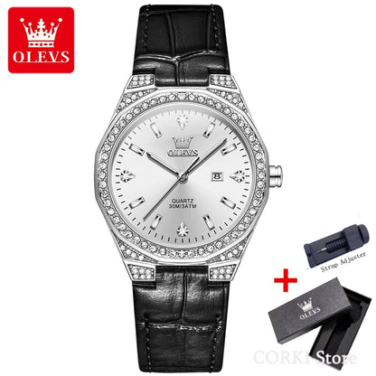 OLEVS 5606 Women’s Luxury Diamond Quartz Watch – Leather Strap, Waterproof