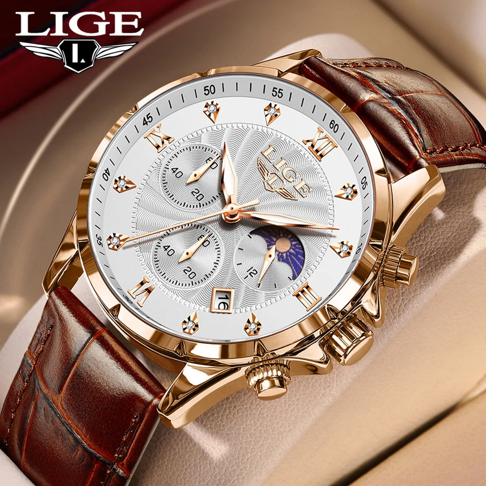 LIGE Men’s Business Quartz Watch – Waterproof, Moon Phase Design, Leather Strap