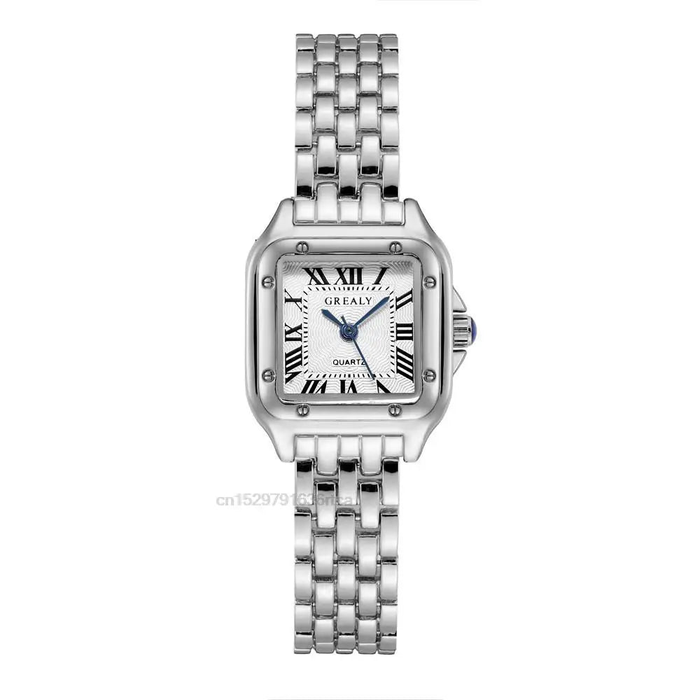 Women’s Square Quartz Watch – Gold Alloy Strap, Roman Dial