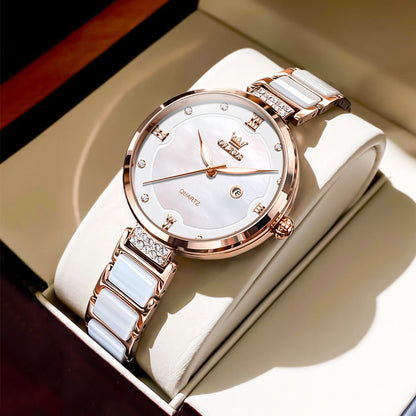 OLEVS Women’s Luxury Rose Ceramic Quartz Watch – Jewelry Design, Waterproof