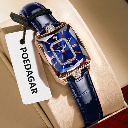 POEDAGAR Women’s Luxury Rectangle Quartz Watch – Leather Strap