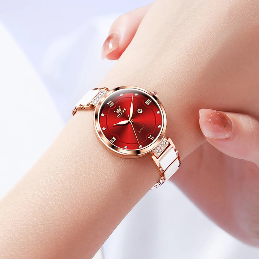 OLEVS Women’s Luxury Rose Ceramic Quartz Watch – Jewelry Design, Waterproof