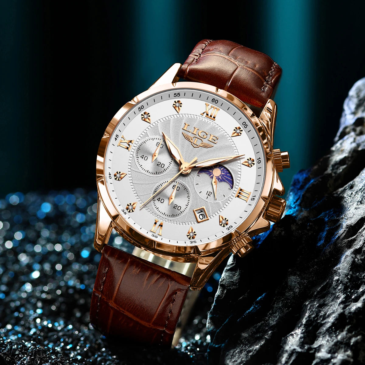 LIGE Men’s Business Quartz Watch – Waterproof, Moon Phase Design, Leather Strap