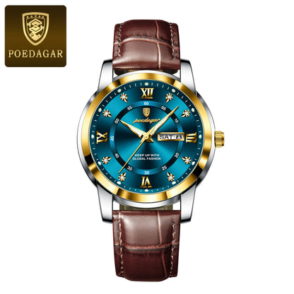 POEDAGAR Luxury Men's Quartz Leather Watch Waterproof Luminous