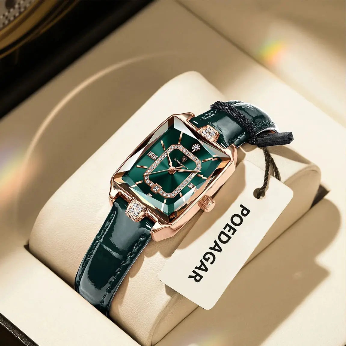 POEDAGAR Women’s Luxury Rectangle Quartz Watch – Leather Strap
