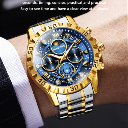 BINBOND Luxury Men's Quartz Watch Stainless Steel Waterproof Luminous Chronograph Date Moon Phase