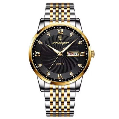 POEDAGAR Luxury Men's Quartz Watch Stainless Steel Waterproof Luminous Date Week