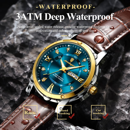 POEDAGAR Luxury Men's Quartz Leather Watch Waterproof Luminous