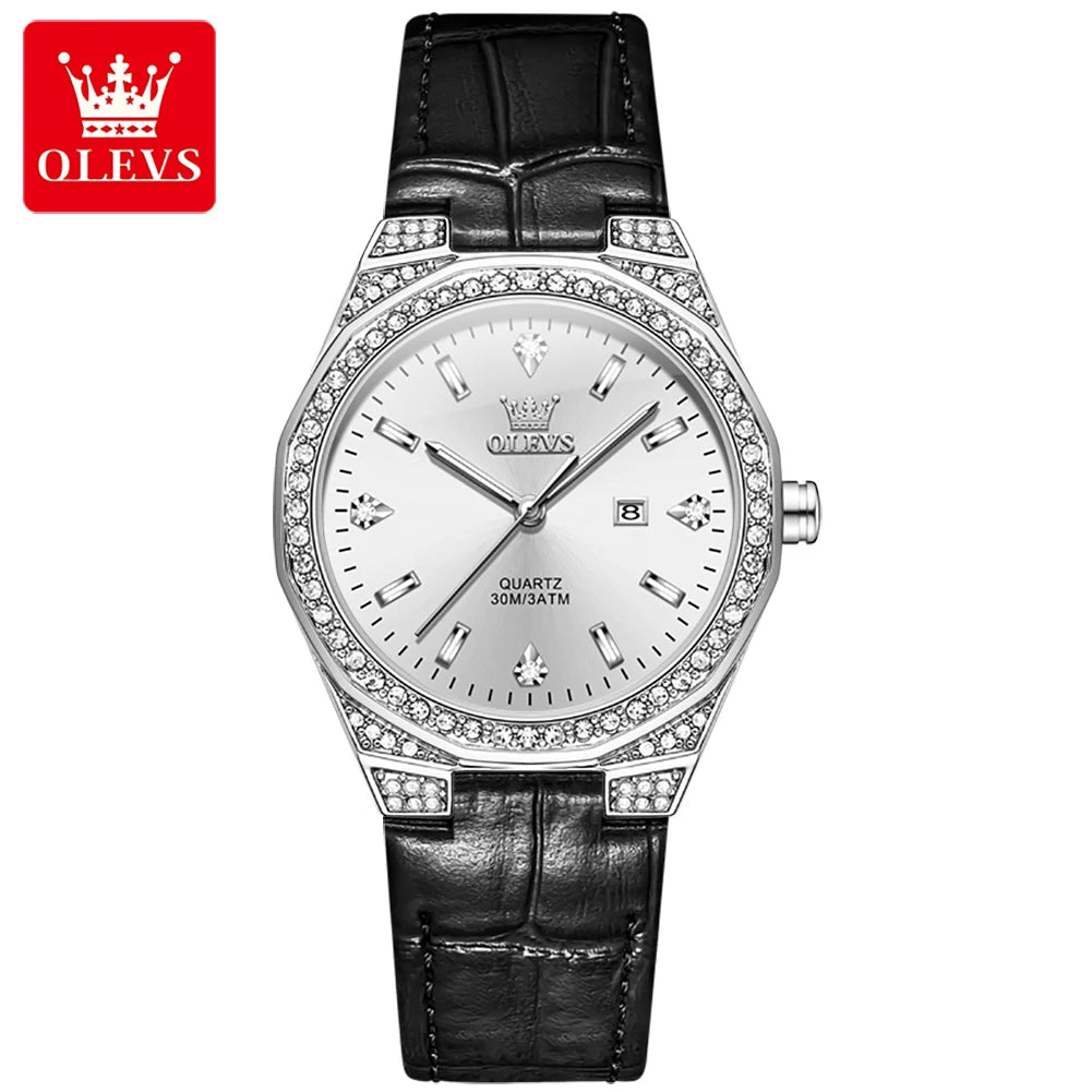 OLEVS 5606 Women’s Luxury Diamond Quartz Watch – Leather Strap, Waterproof