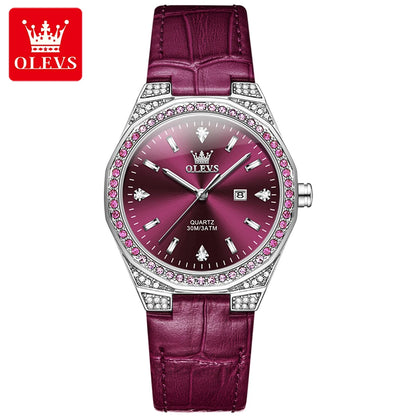 OLEVS 5606 Women’s Luxury Diamond Quartz Watch – Leather Strap, Waterproof