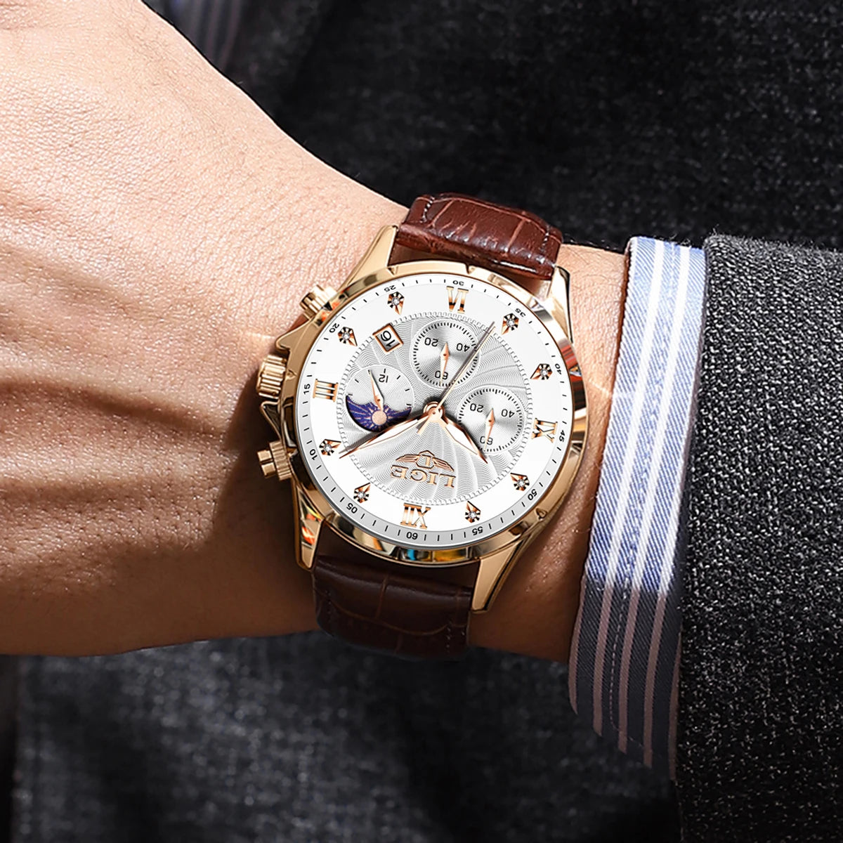 LIGE Men’s Business Quartz Watch – Waterproof, Moon Phase Design, Leather Strap