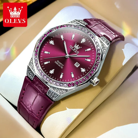 OLEVS 5606 Women’s Luxury Diamond Quartz Watch – Leather Strap, Waterproof