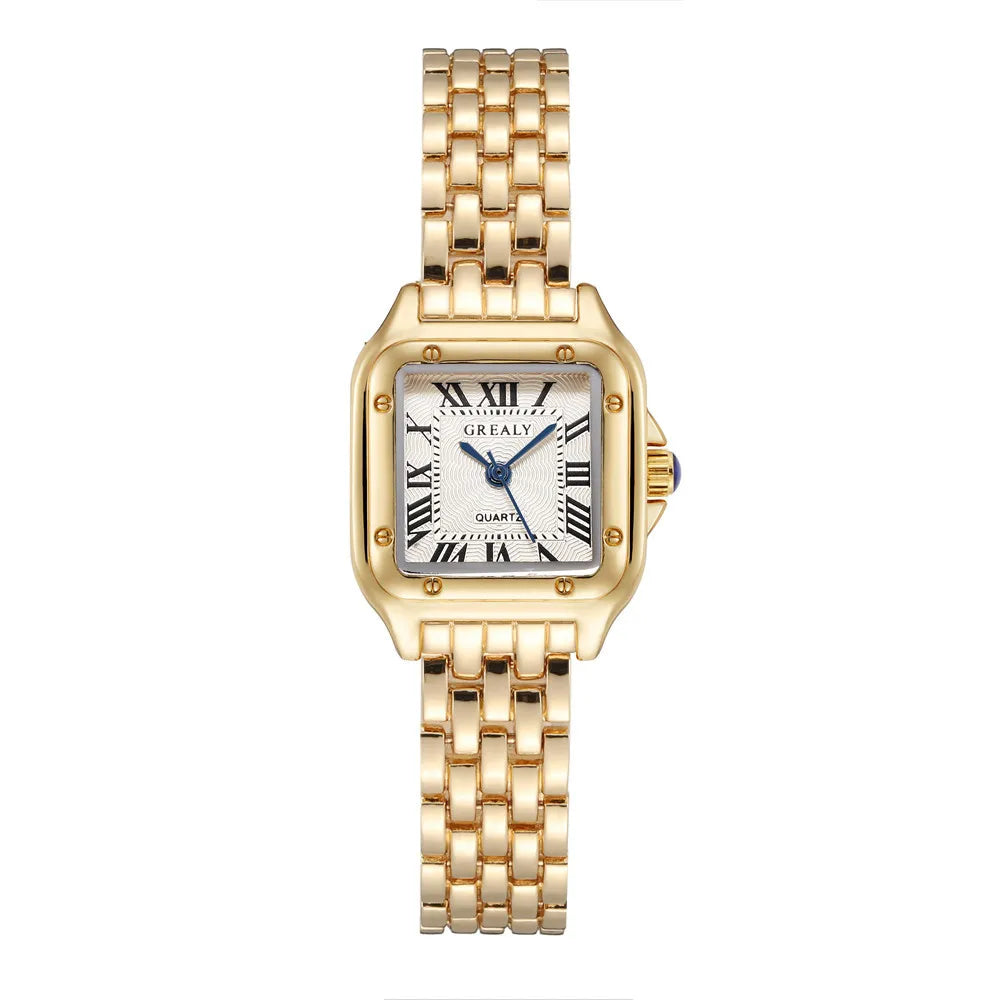 Women’s Square Quartz Watch – Gold Alloy Strap, Roman Dial