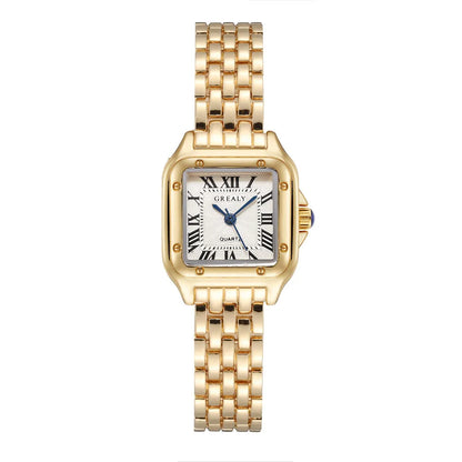 Women’s Square Quartz Watch – Gold Alloy Strap, Roman Dial