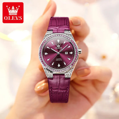 OLEVS 5606 Women’s Luxury Diamond Quartz Watch – Leather Strap, Waterproof