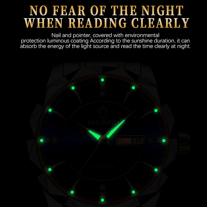 BINBOND Luxury Ladies Quartz Watch Stainless Waterproof Luminous Date Women Gift