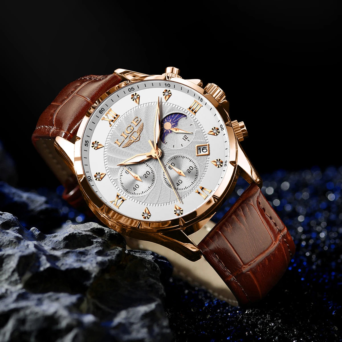 LIGE Men’s Business Quartz Watch – Waterproof, Moon Phase Design, Leather Strap