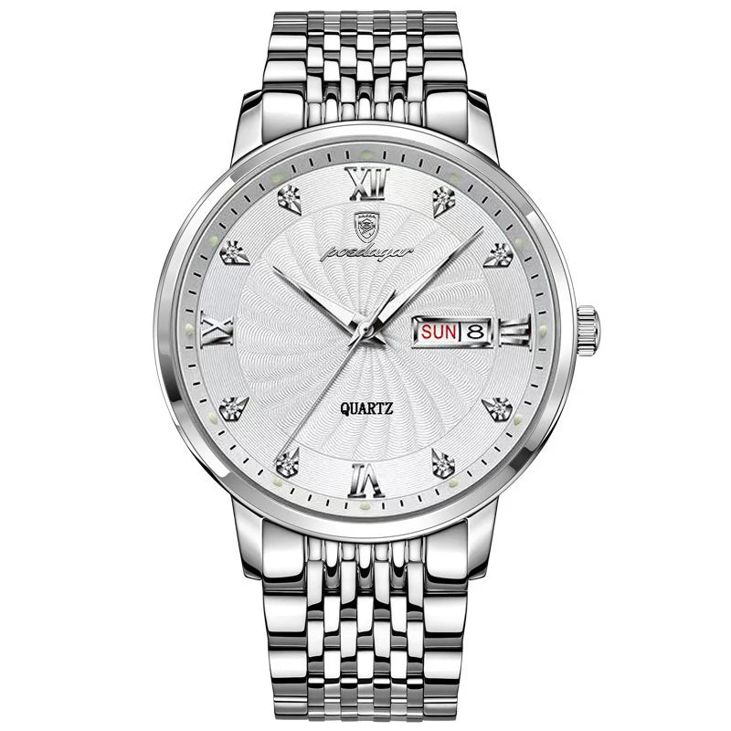 POEDAGAR Luxury Men's Quartz Watch Stainless Steel Waterproof Luminous Date Week