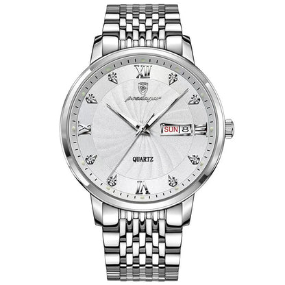 POEDAGAR Luxury Men's Quartz Watch Stainless Steel Waterproof Luminous Date Week
