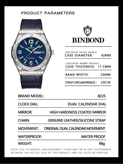 BINBOND Men’s Fashion Quartz Watch – Large Dial, Silicone Strap, Waterproof