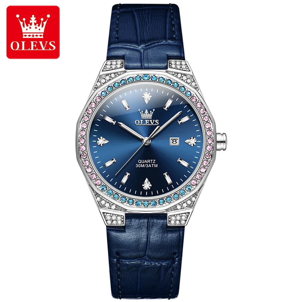 OLEVS 5606 Women’s Luxury Diamond Quartz Watch – Leather Strap, Waterproof