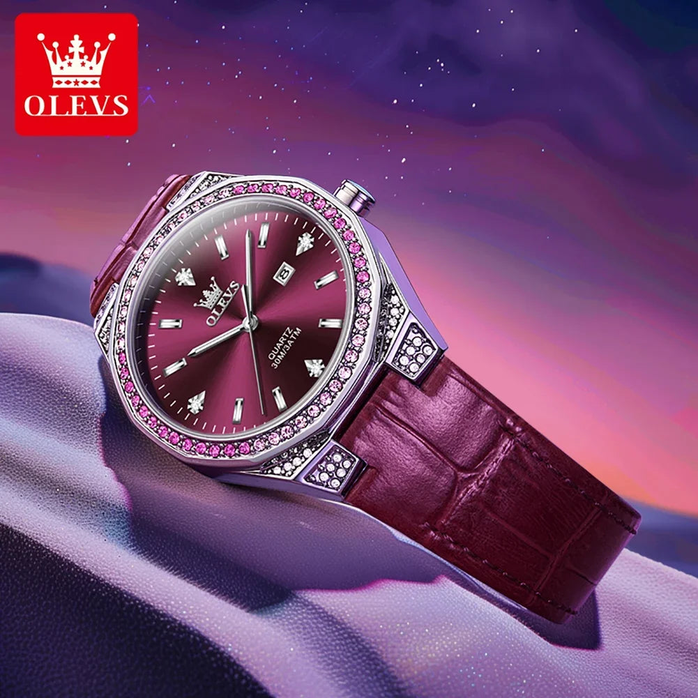 OLEVS 5606 Women’s Luxury Diamond Quartz Watch – Leather Strap, Waterproof