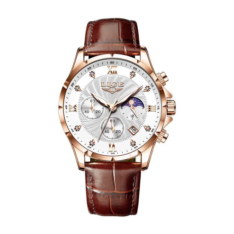 LIGE Men’s Business Quartz Watch – Waterproof, Moon Phase Design, Leather Strap