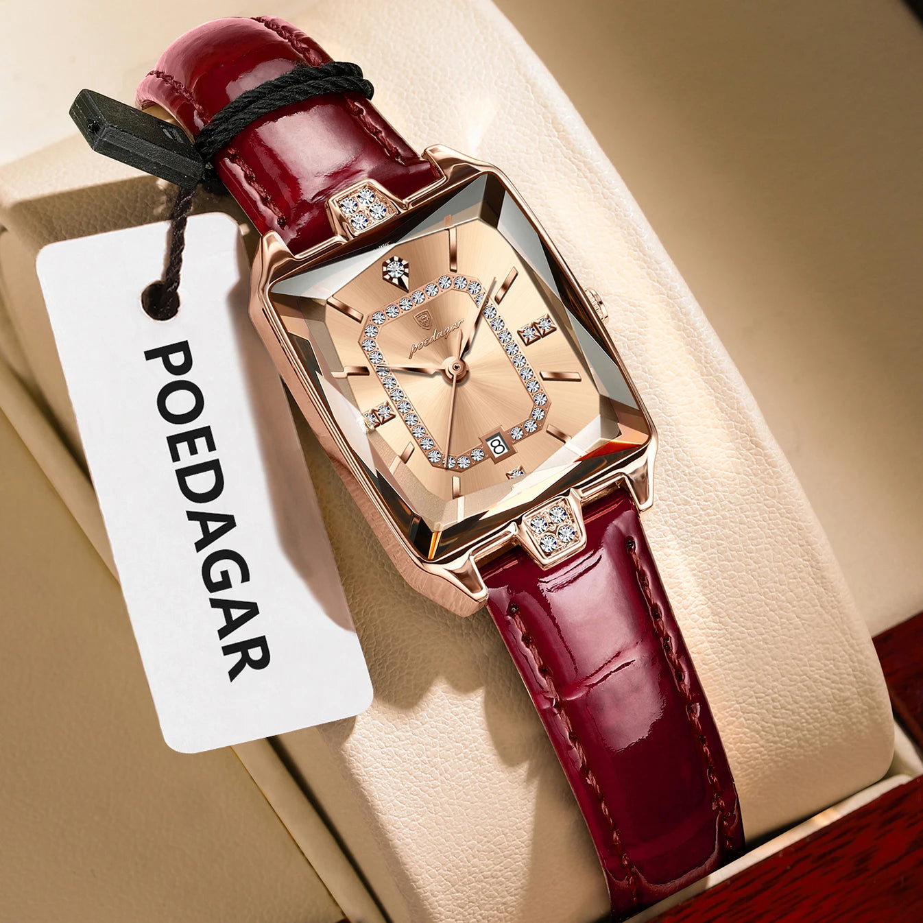 POEDAGAR Women’s Luxury Rectangle Quartz Watch – Leather Strap