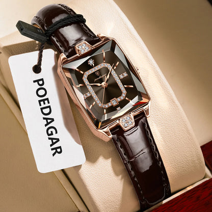 POEDAGAR Women’s Luxury Rectangle Quartz Watch – Leather Strap