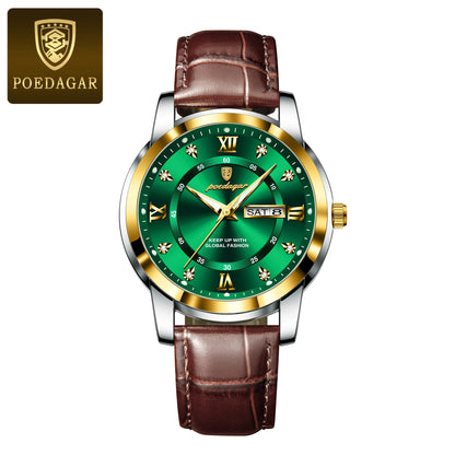 POEDAGAR Luxury Men's Quartz Leather Watch Waterproof Luminous