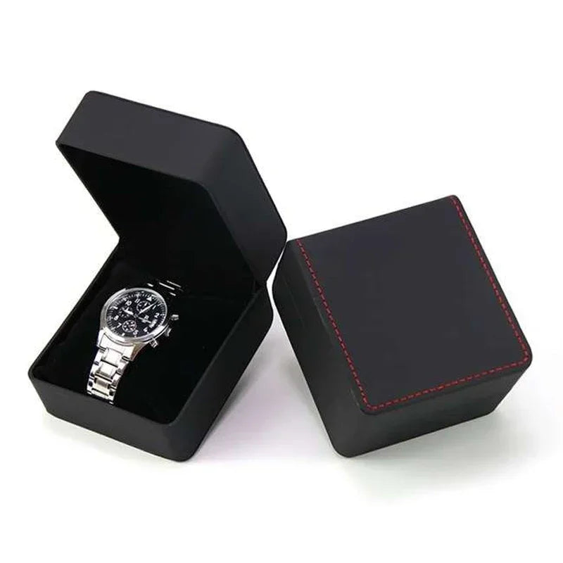 Black Single Watch Gift Box PU Leather with Pillow Wristwatch Display Case Organizer Clamshell Men
