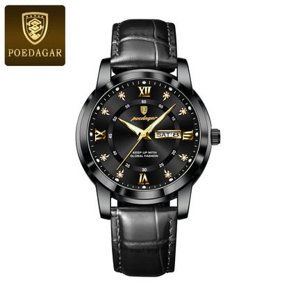 POEDAGAR Luxury Men's Quartz Leather Watch Waterproof Luminous