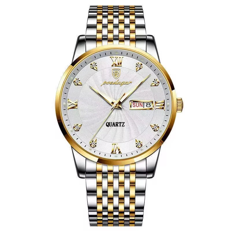 POEDAGAR Luxury Men's Quartz Watch Stainless Steel Waterproof Luminous Date Week