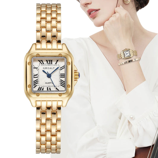 Women’s Square Quartz Watch – Gold Alloy Strap, Roman Dial