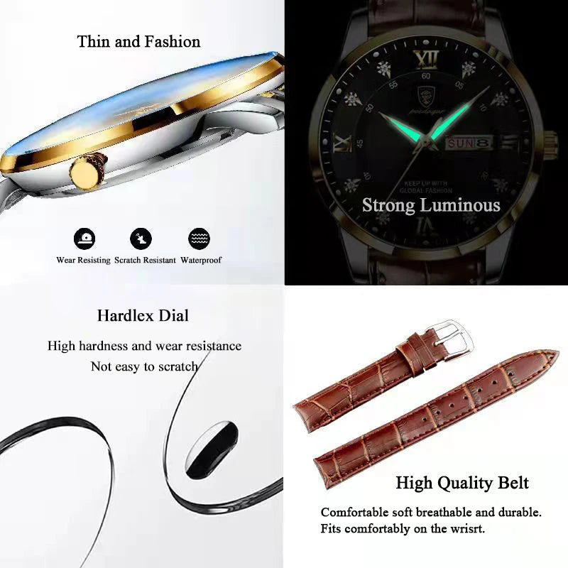 POEDAGAR Luxury Men Leather Quartz Watch Waterproof Luminous Sports Military
